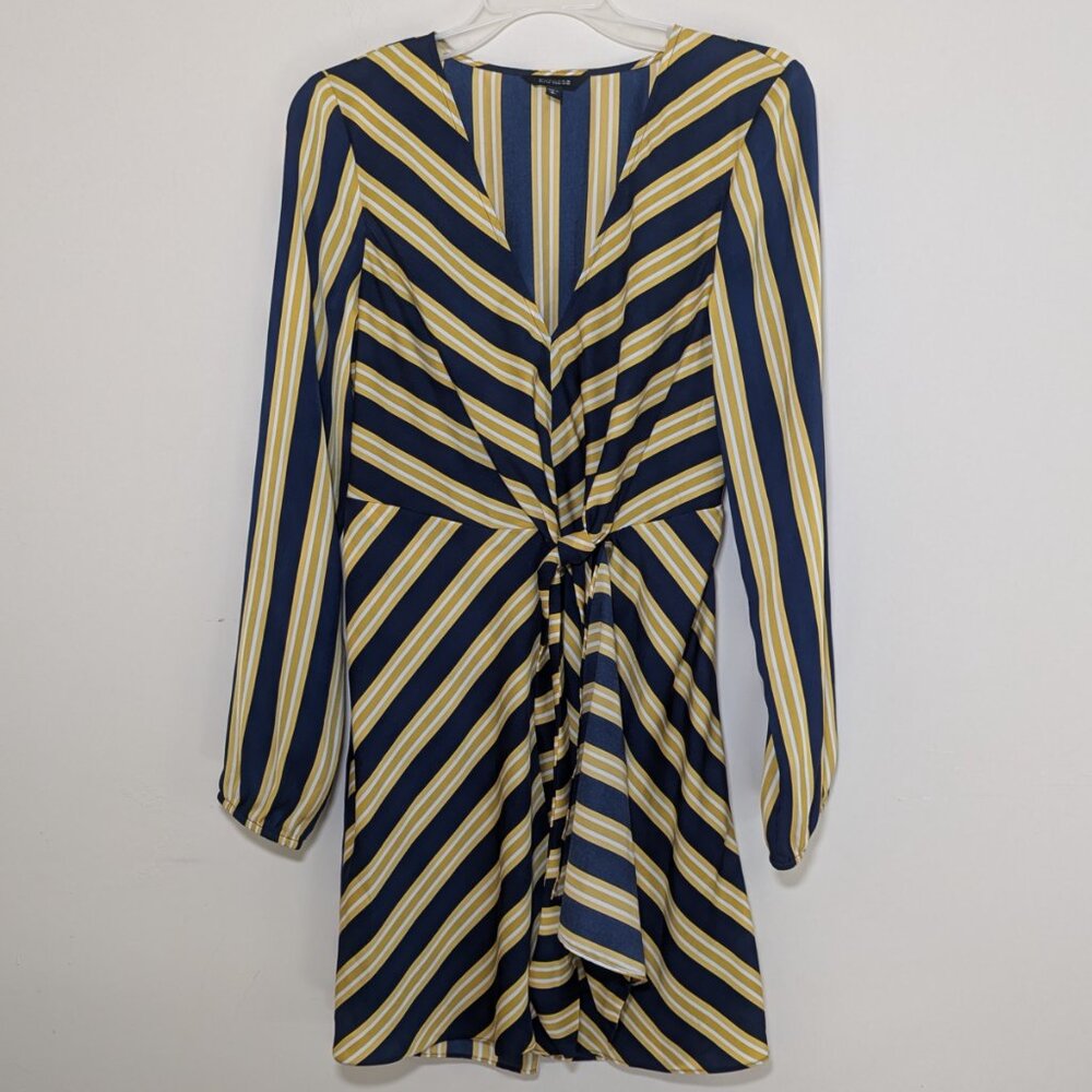 Express Dress Womens S Blue Yellow Strip Faux Wrap V Neck Bishop Sleeve
